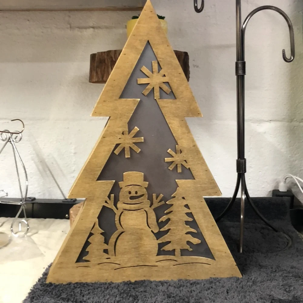 Wooden lighted tree snowman‎ and snowflakes